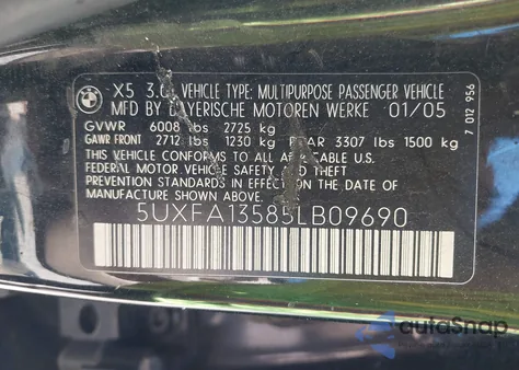 2005 BMW X5 3.0I из США, поврежденный, VIN 5UXFA13585LB09690